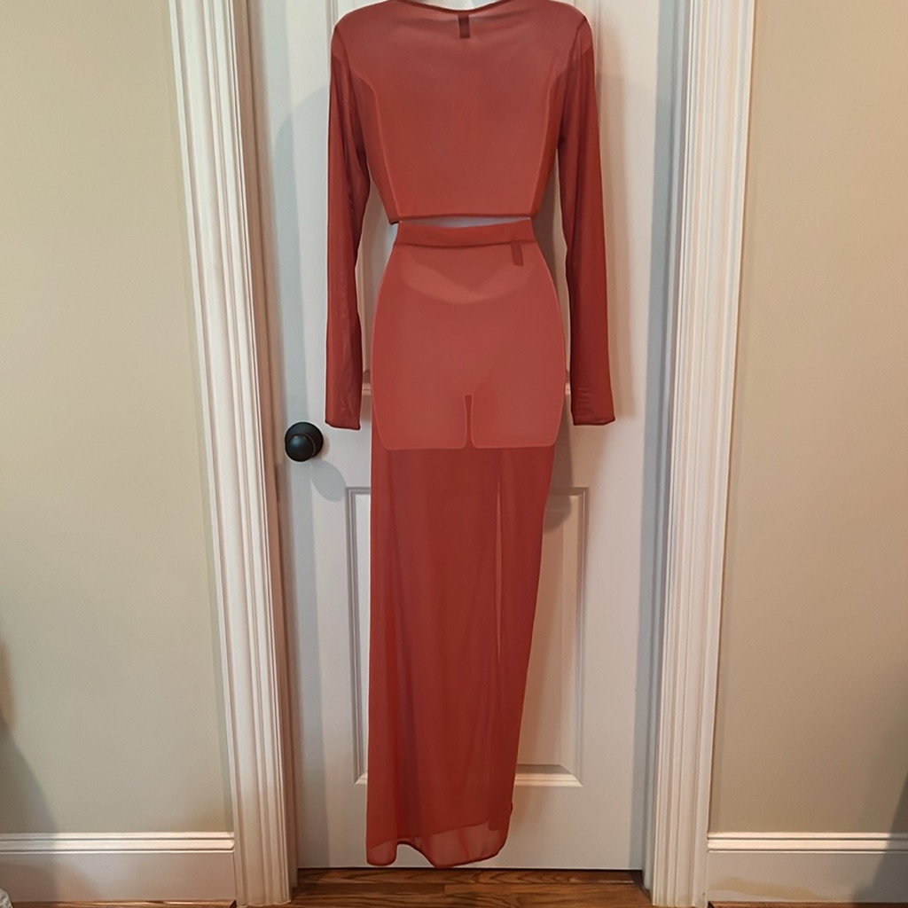Nwt Swim Roux Ruched Rust Two Piece Mesh Top Skirt Resort Cover Up Large /Xl — image 5 of 8